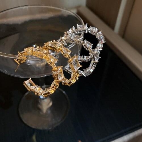 Exknl Crystal Trendy Round Wedding Hoop Earrings Korean Square Fashion Geometric Big Earrings for Women Jewelry Accessories