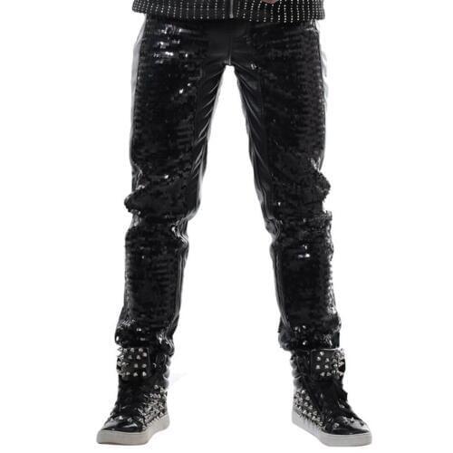 28-40 Men Black Sequined Casual Leather Pants Rock Slim Punk Trousers Nightclub Bar Dj Stage Singer Costumes Performance Clothes