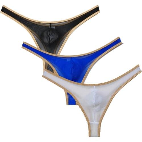 Men Liquid Stretch Underwear Shiny Border Sheer Mesh G-Strings Sexy Jockstrap