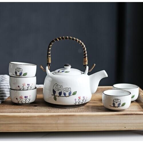 Owl tea ceremony set Japanese style creative lovely one pot five cups ceramic household teapot teacup wooden tray teaware