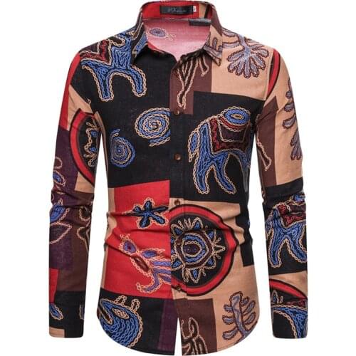 New shirts ethnic style printing mens leisure long sleeves fashion slim mens large shirts