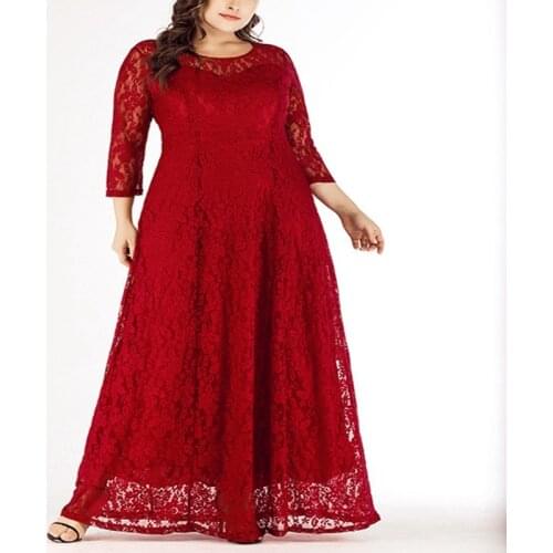 Autumn lace bust 130CM large size 4XL 5XL 6XL 7XL 8XL hook flower hollow seven-point sleeve round neck big swing fashion dress