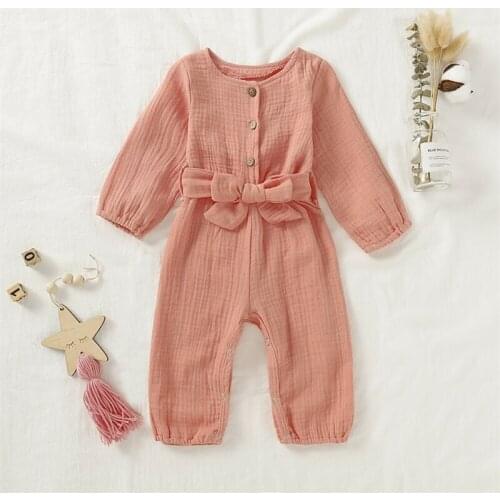 CANIS Autumn Newborn Baby Girl Long Sleeve Button Bowknot Lovely Romper Jumpsuit Cotton Linen Clothes