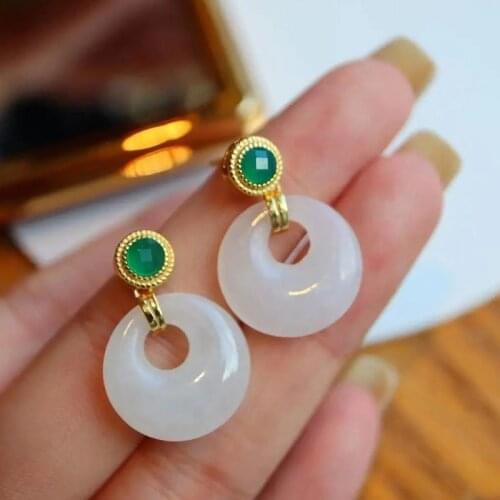 Designer original new ancient gold craftsmanship inlaid natural Hetian white jade ring earrings luxury ladies silver jewelry