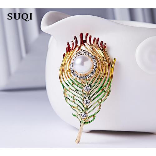 SUQI Vintage exquisite plant leaves lapel Brooch pins Artificial pearl Rhinestone Enamel brooches Pin for Womens Jewelry 2019