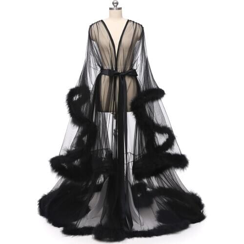 Wedding Bridal Boudoir Robe Pink Feather Bridal Sheer Robe Tulle Illusion Long Birthday Feather Robe Costume Made Sexy Feather