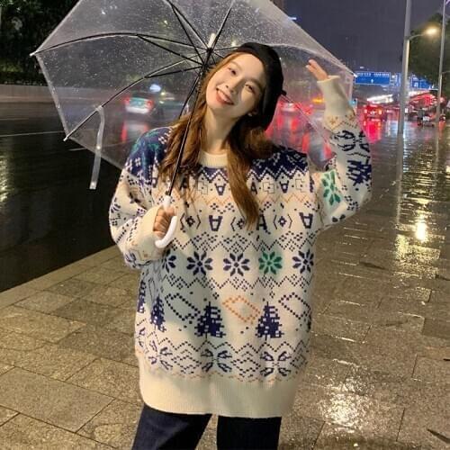 New Autumn Winter Women Sweater Flowers Striped Knitted Sweater Loose Pullovers Tops Female Vintage Casual Oversize Knitwear