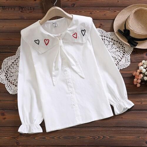 Merry Pretty Kawaii Button Down Blouse Women Casual Cute Heart Love Embroidery White Shirt Teen Girls Long Sleeve Sweet Tops
