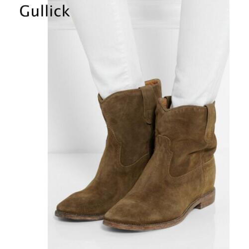 2021 Hot Sale Suede Solid Ankle Boots Pleated Retro Shoes Woman Slip-On Flats Sapato Feminino Short Botas Free Shipping