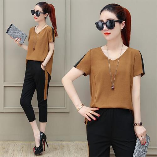 Plus Size 5XL 2019 Summer Tracksuits Women 2 Piece Set Loose Short Sleeve Tops + Calf-Length Pants Casual tracksuit