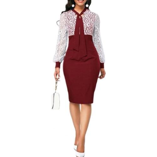 2021 New Fashion Elegant Women Dress Lace Patchwork Contrast Color Spring Autumn Long Sleeve Lace-up Pencil Dress for Wedding