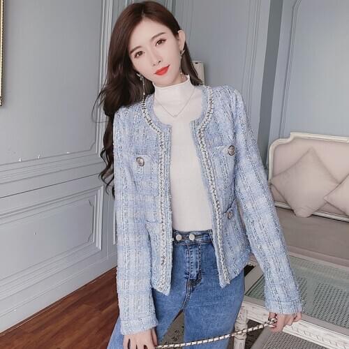 Autumn Winter Coat Small Fragrance Tweed Long Sleeve Plaid Woolen Jacket Elegant Women O-neck Vintage Slim Wool Blends Coat