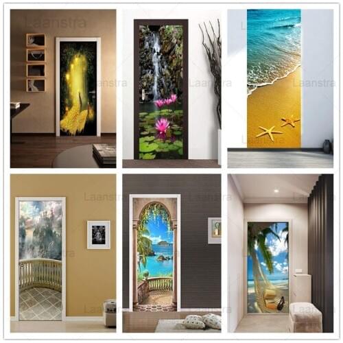 Golden Peacock Home Decoration Door Stickers Starfish On The Beach Bedroom Waterproof Door Decals Beautiful Natural Scenery