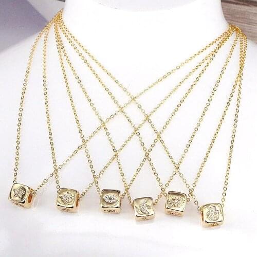 10Pcs Gold Color CZ Micro Pave Moon/Hamsa Hand/ Eye/Planet Dice Spacer Beads, Cubic Zirconia Pendant with link chain necklace