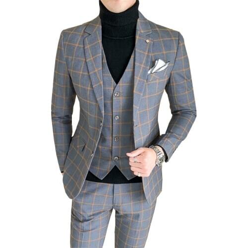 2020 casual plaid suit men fashion grey blue wine-red work business Slim Fit mens suits costume homme 3 piece blazers pants vest