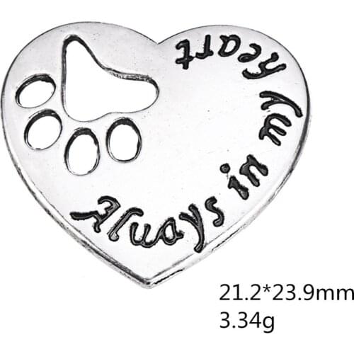 2021 New Dog Paw Cat Paw Print Hearts Charms Always In My Heart Love Pendants DIY Antique Silver Plated Jewelry