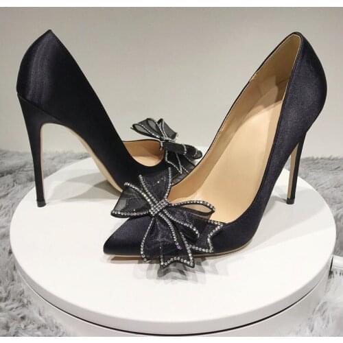 Bow black silk pumps spring pointed toe 12cm high heels ladies shallow women shoes party evening nightclub BM022 CHENSIR9