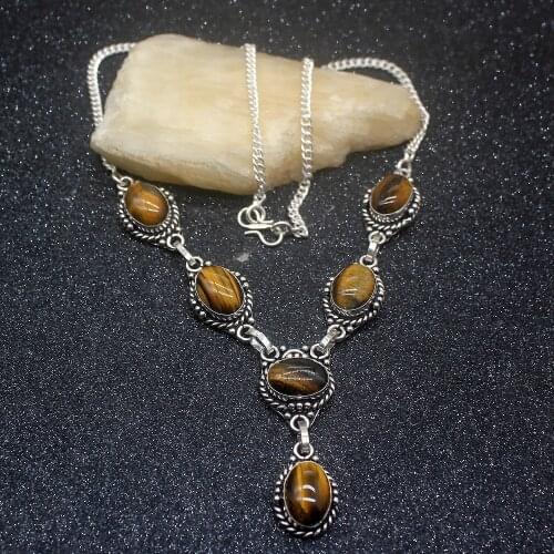 Vintage Rare Gold Tigers Eye Silver Color Women Pendant Necklace Chain 19 Inch HD501