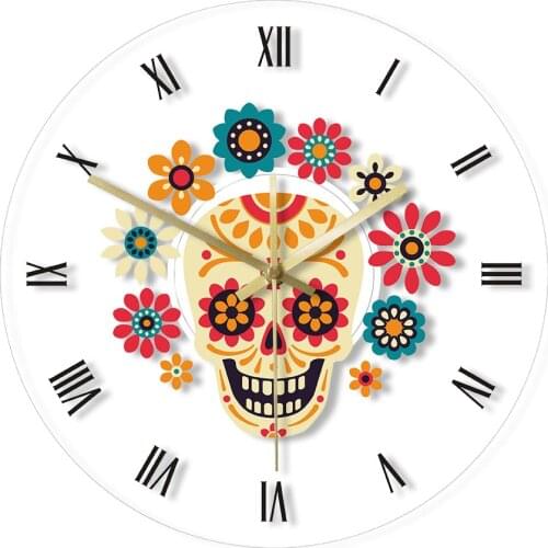 Day of the Dead Floral Sugar Skull Mexican Design Watch Acrylic Wall Clock Dia De Los Muertos Timekeeper Decorative Wall Clock