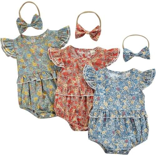 2Pcs Baby Summer Outfit, Floral O-Neck Ruffle Sleeves Romper + Bow Headband for Toddler Girls, 0-18 Months, 3 Colors