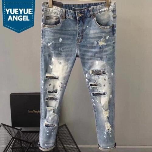 Slim Fit Jeans Men Fashion Personality Hole Ripped Rivets Trousers High Street Washed Blue Printing Zipper Denim Pants Male