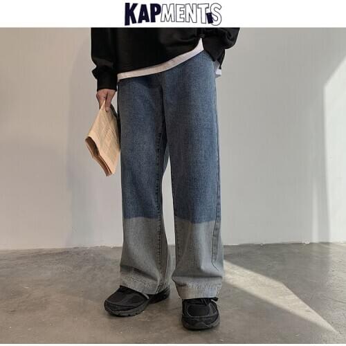 KAPMENTS Men Korean Colorblock Fashion Harem Jeans Pants 2020 Man Harajuku Blue Baggy Jeans Male Designer Straight Denim Joggers