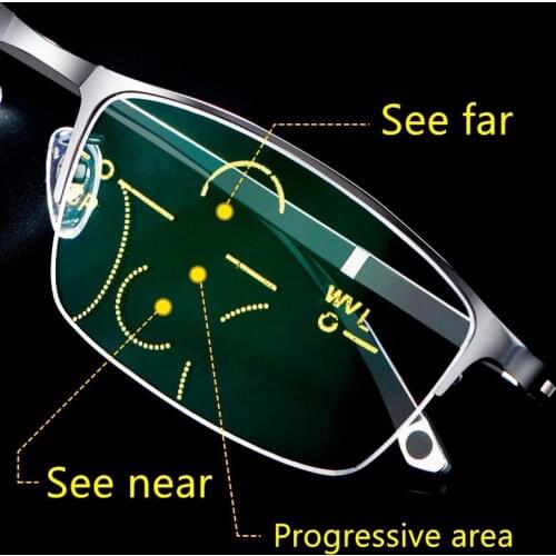 Finished Progressive Multifocal Reading Glasses Men Photochromic Anti-blue Light Presbyopic Glasses See Near and Far Metal Frame