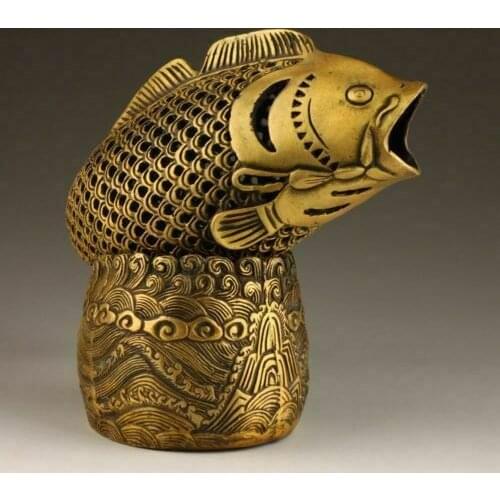China Brass Bronze Wealth Coin Fish Head Statue Box Incense Burner Censer