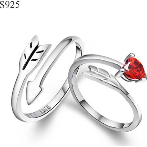 Genuine Real Pure Solid 925 Sterling Silver Couple Rings Jewelry Women Men Female Male Ring Arrow Heart Red Cubic Zircon Bague