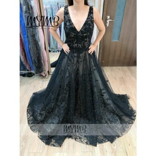Beautiful Sleeveless V Neck Black Lace Evening Dress MYMB Couture A Line Wedding Party Dress MY31102