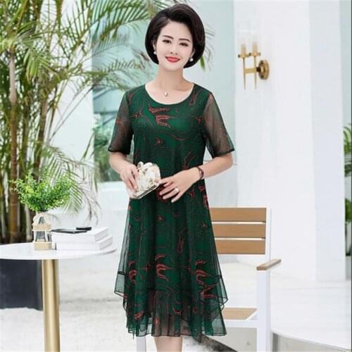 2021 Middle-aged Plus size Summer Clothes For Women mesh dress mother Summ printed dresses female short sleeve elegant dresses