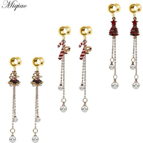Miqiao 2pcs Hot Sale Stainless Steel Tassel Bell Christmas Tree Pearl Ear Expander Body Exquisite Piercing Jewelry