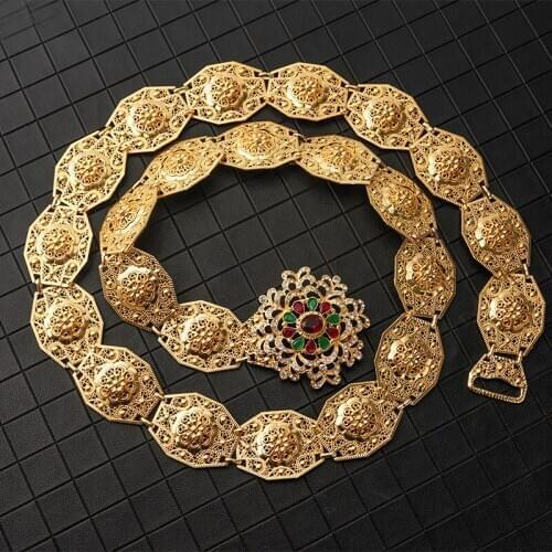 Moroccon popular wedding dress metal gem waist chain belt suitable for ethnic women hollow figure gold antique metal belt