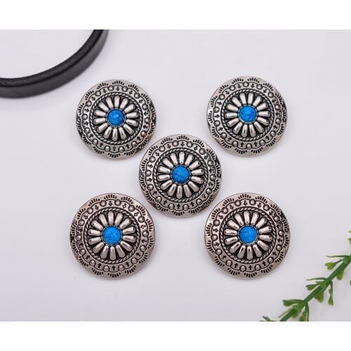 10pcs 30X30mm Bling Silver Tribal BLUE Bead Flower Leathercraft Saddles Sewing Back Shank Conchos for Clothes Coat Dress Decor