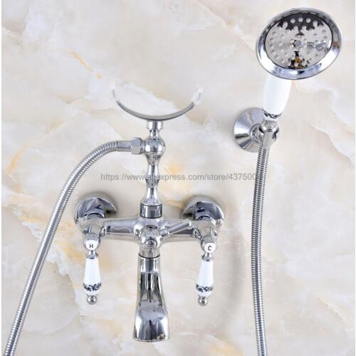 Wall Mounted Polished Chrome Clawfoot Bathtub Faucet telephone style Bath Shower Water Mixer tap with Handshower Nna705