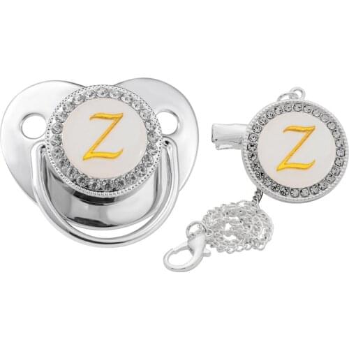 New Name Initial Letters Silver Baby Pacifier Clips Chain Silicone Infant Nipple Bling Newborn Dummy BPA Free Baby Soother 6-12M