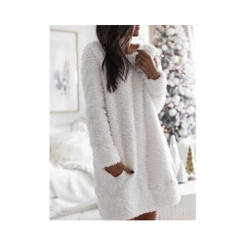 Autumn and Winter Womens Plush Long-sleeved Dress Rround Neck Simple Casual Straight Plush Dress Ladies Elegant Warm Plush Dress