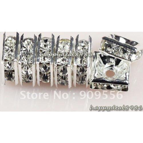 P05-6,wholesale! Free shipping! 6x6mm Silver plated Square rhinestone crystal spacer beads,Grade A,100pcs/lot