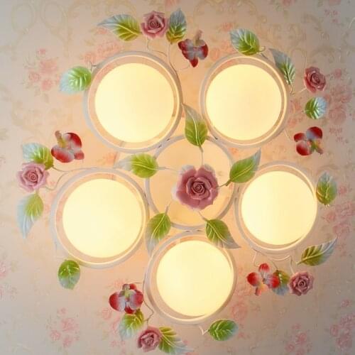 Pastoral style bedroom living room Korean romantic flower iron ceiling light