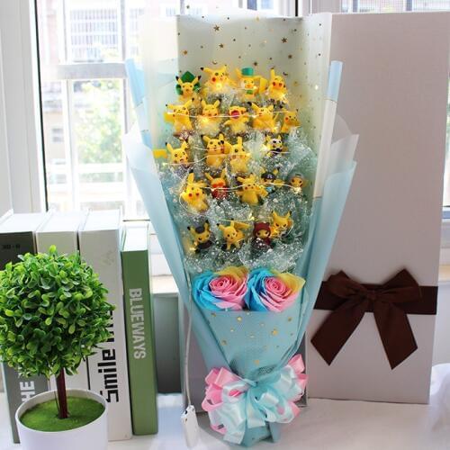 Pikachu Pvc Model Toys With Artificial Flowers Cartoon Pocket Monster Figures Bouquets Graduation Valentines Day Romantic Gifts