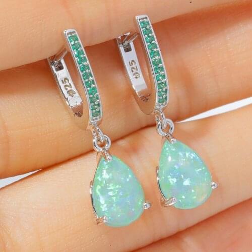 Green Opal Drop Shape Earring for Lady with Zirconia