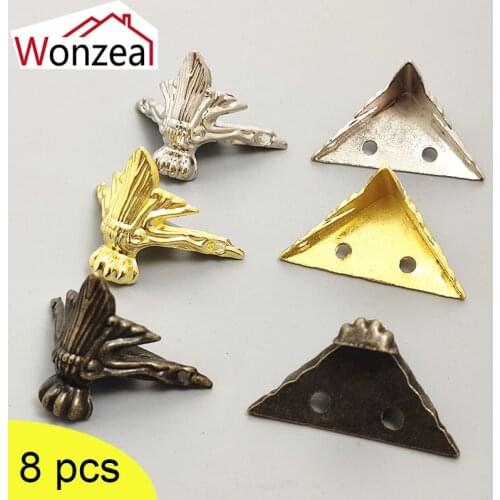 Antique Wood Box Feet Leg Corner Protector Triangle Rattan Carved Decorative Bracket For Furniture Hardware+Screw