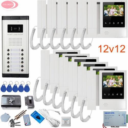 Videophone 12 Villas 4.3 '' Video Door Phone Set Video Call for The Entrance Door Video Phone House +Rfid Unlock Electronic Lock