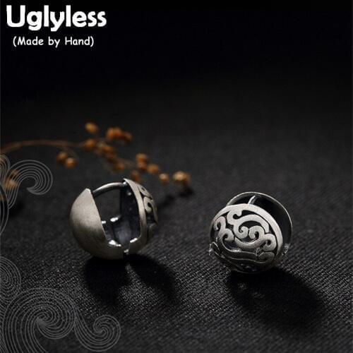 Uglyless Real S 999 Silver Fine Jewelry Women Handmade Hollow Studs Earrings Retro Ethnic Brincos Engraved Pattern Round Bijoux