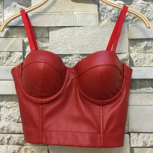 Womens Spaghetti Straps PU Leather Bustier Crop Top Red Hot Bralette Bra Sexy Night Club Party Basque Corset