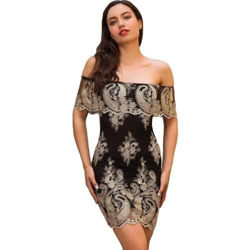 Summer Feminine One-Word Collar Embroidery Temperament Ruffle Fashion Irregular Skirt Club Party Dress