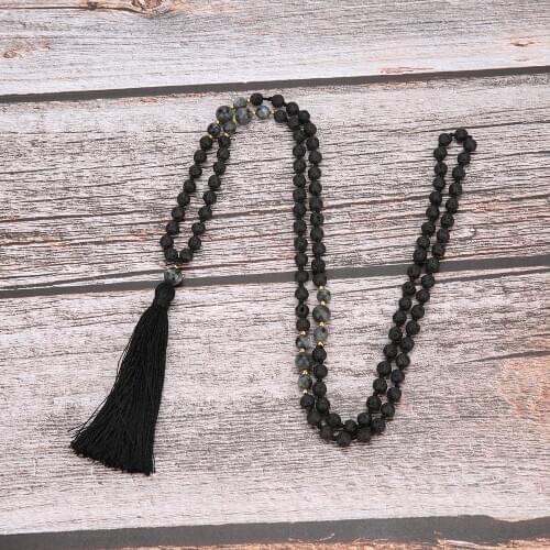 108 Mala Beads 6mm Volcanic Stone Knotted Meditation Semi-Precious Jewelry Men and Women Charm Necklace Hanging Black Tassel