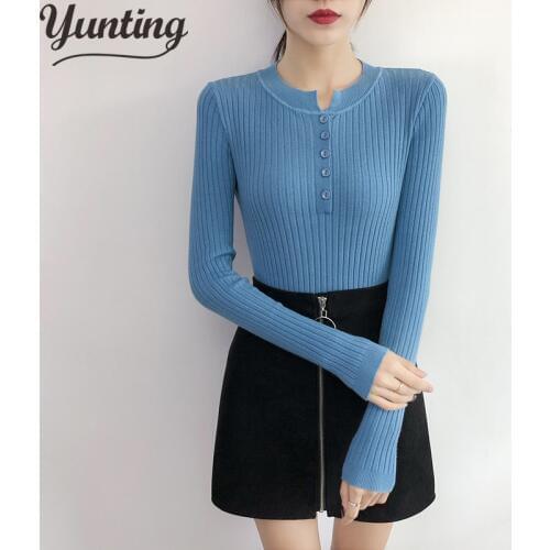 2019 basic v-neck solid autumn winter Sweater Pullover Women Female Knitted sweater slim long sleeve Button sweater cheap