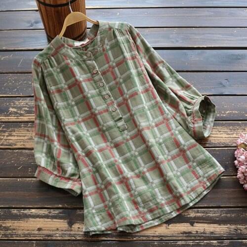 7570 Summer Women Blouse Japan Style Loose Plaid Stand Collar Cotton Half Sleeve Shirt Tops Women