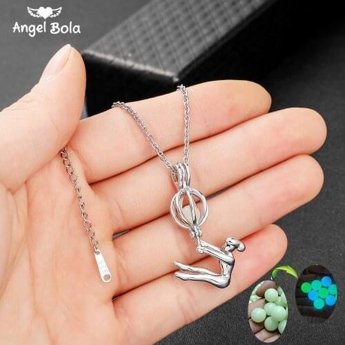 Acrobatic Girl Pendant Hollow Luminous Stone Necklace Mothers Day Gift Moon Glowing Necklace Gem Stainless Steel Jewelry Women